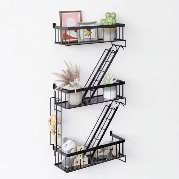 Tomnk 3-Tier New York Decorative Ladder Shelf, Room Organization, Wall Decor Floating Shelf Black Metal Shelves For Bedroom, Home Office Storage And Display, Room Decor